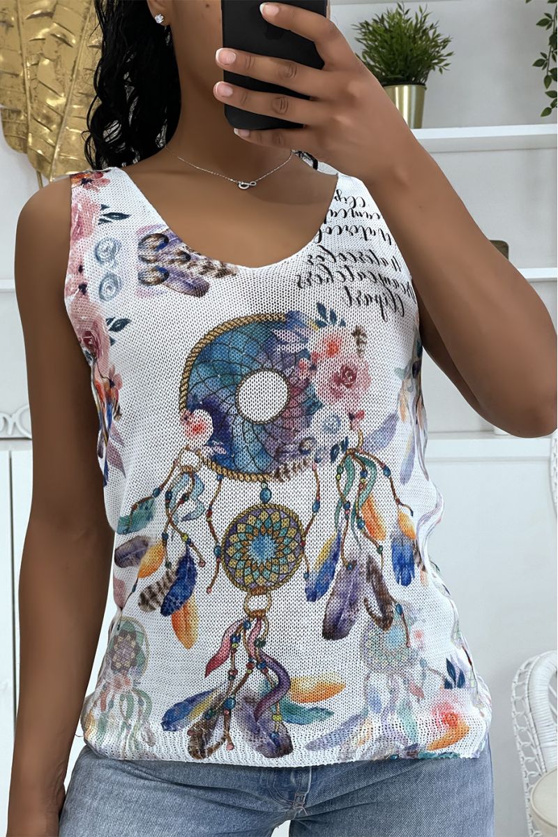 White V-neck knit tank top with blue dream catcher patterns - 4