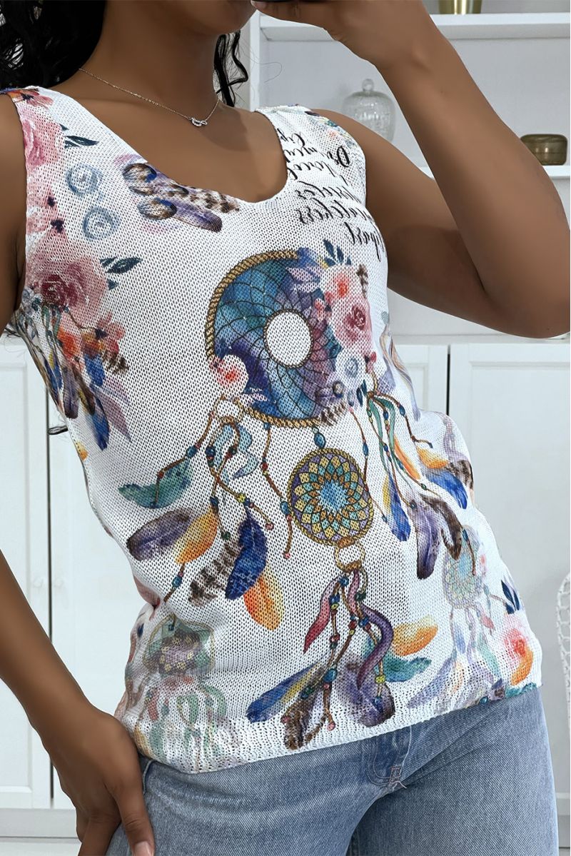 White V-neck knit tank top with blue dream catcher patterns - 5