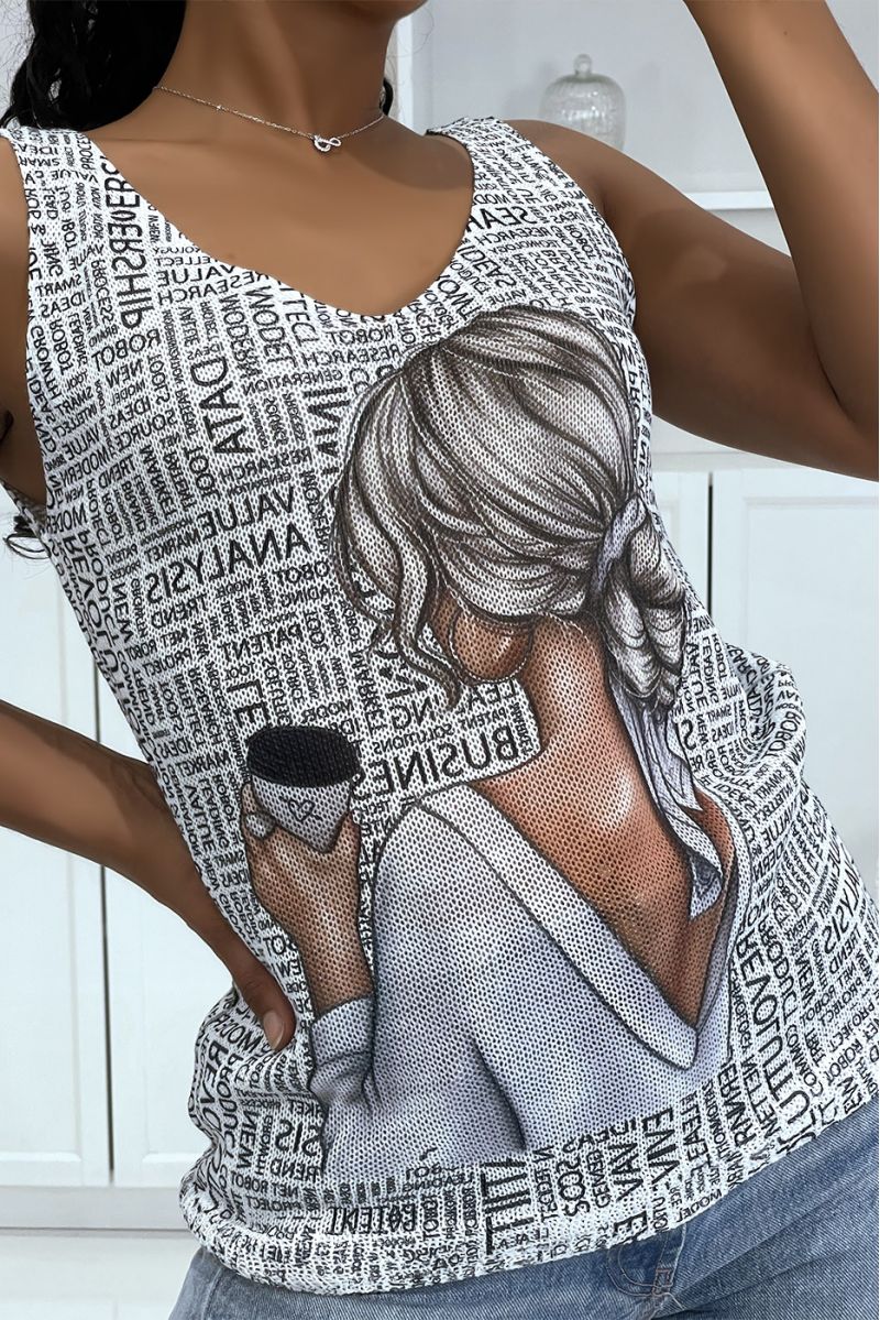 Black and white V-neck knit tank top with woman design with blond bun on the back and thousands of writings - 2
