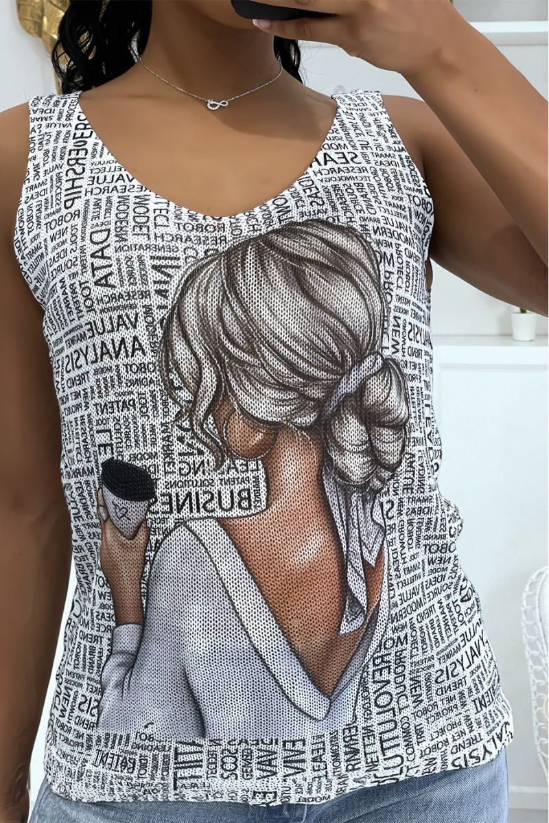 Black and white V-neck knit tank top with woman design with blond bun on the back and thousands of writings - 4