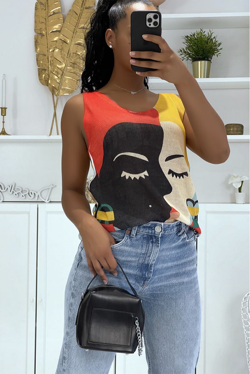 White V-neck knit tank top with very artistic red and mustard two-tone face design - 1