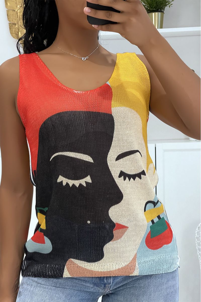 White V-neck knit tank top with very artistic red and mustard two-tone face design - 3