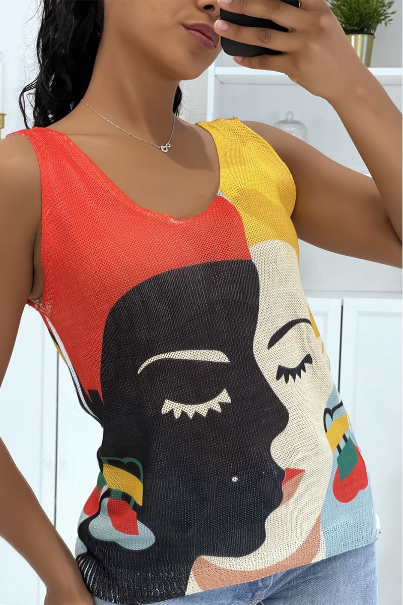 White V-neck knit tank top with very artistic red and mustard two-tone face design - 4