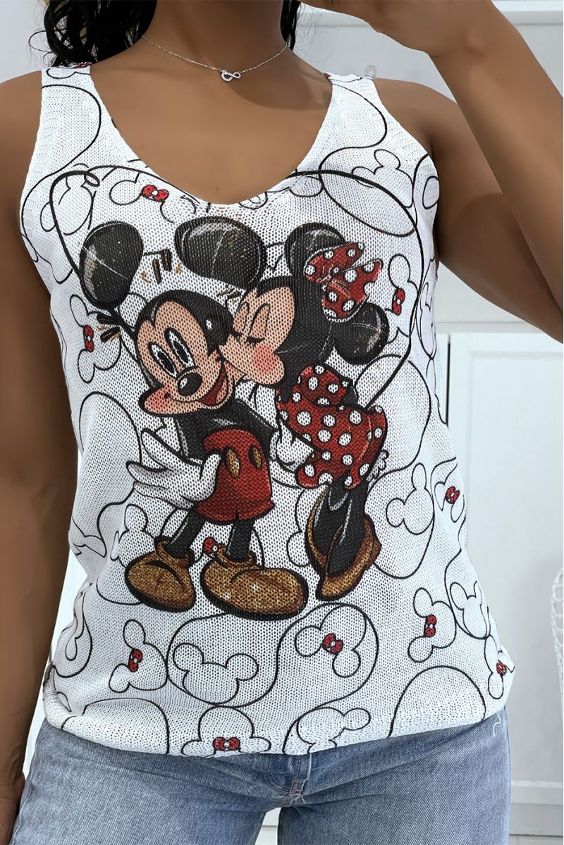 White knit V-neck tank top with black and red mickey and minnie print