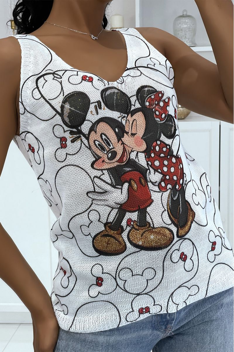 White knit V-neck tank top with black and red mickey and minnie print - 4