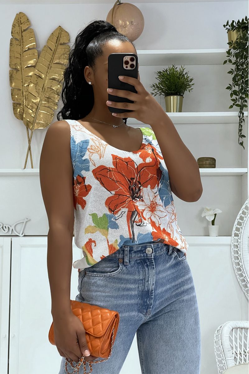 Débardeur blanc en maille col V à imprimé floral bleu et orange - 1