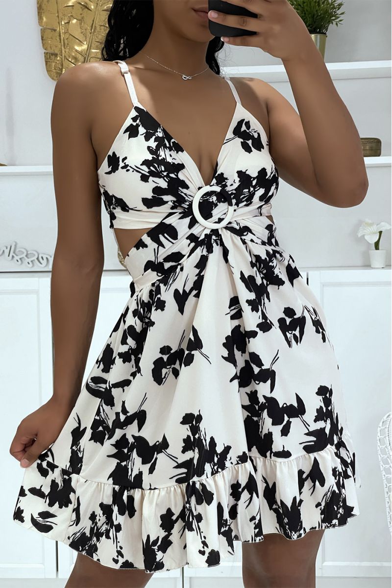Beige gekruiste jurk met trendy tweekleurige print - 1
