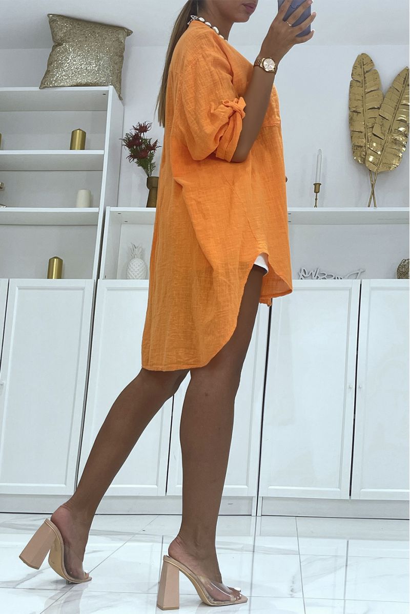 Long orange asymmetric linen shirt with buttons and lapel collar - 4