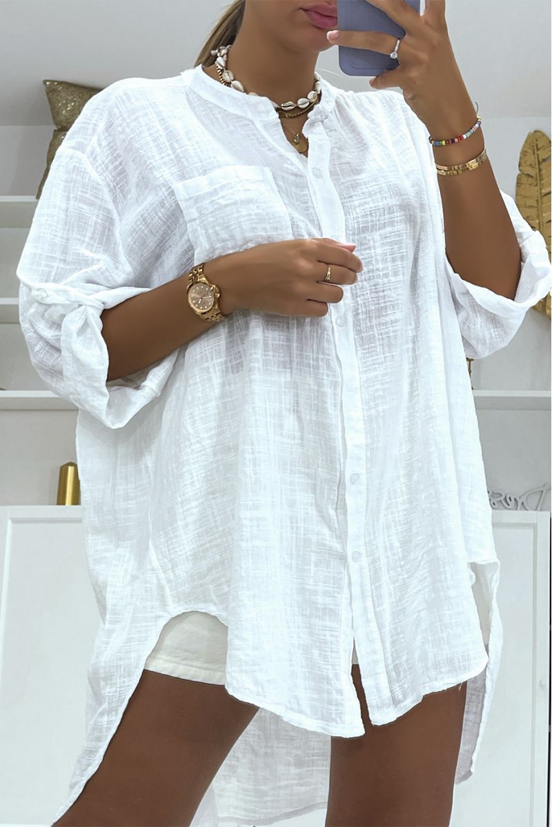 Long white asymmetric linen shirt with buttons and lapel collar - 3