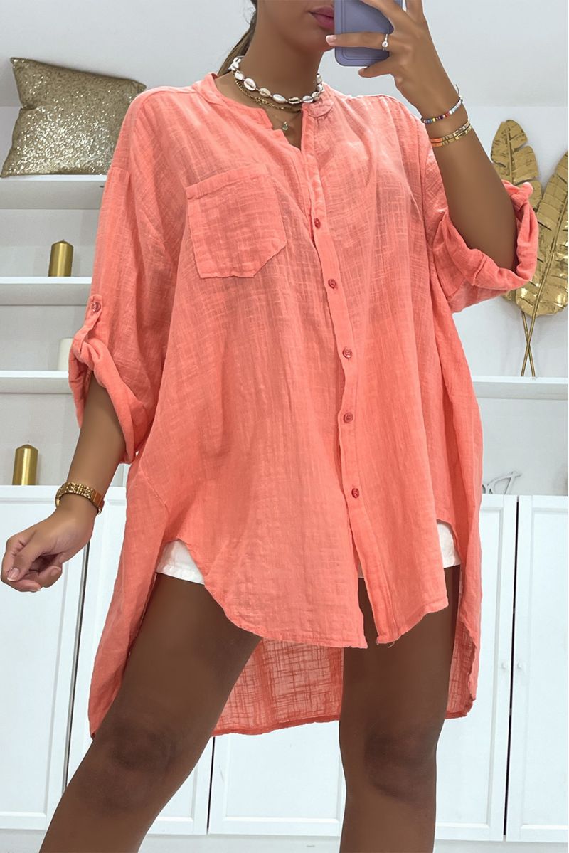 Long coral asymmetric linen shirt with buttons and lapel collar - 4