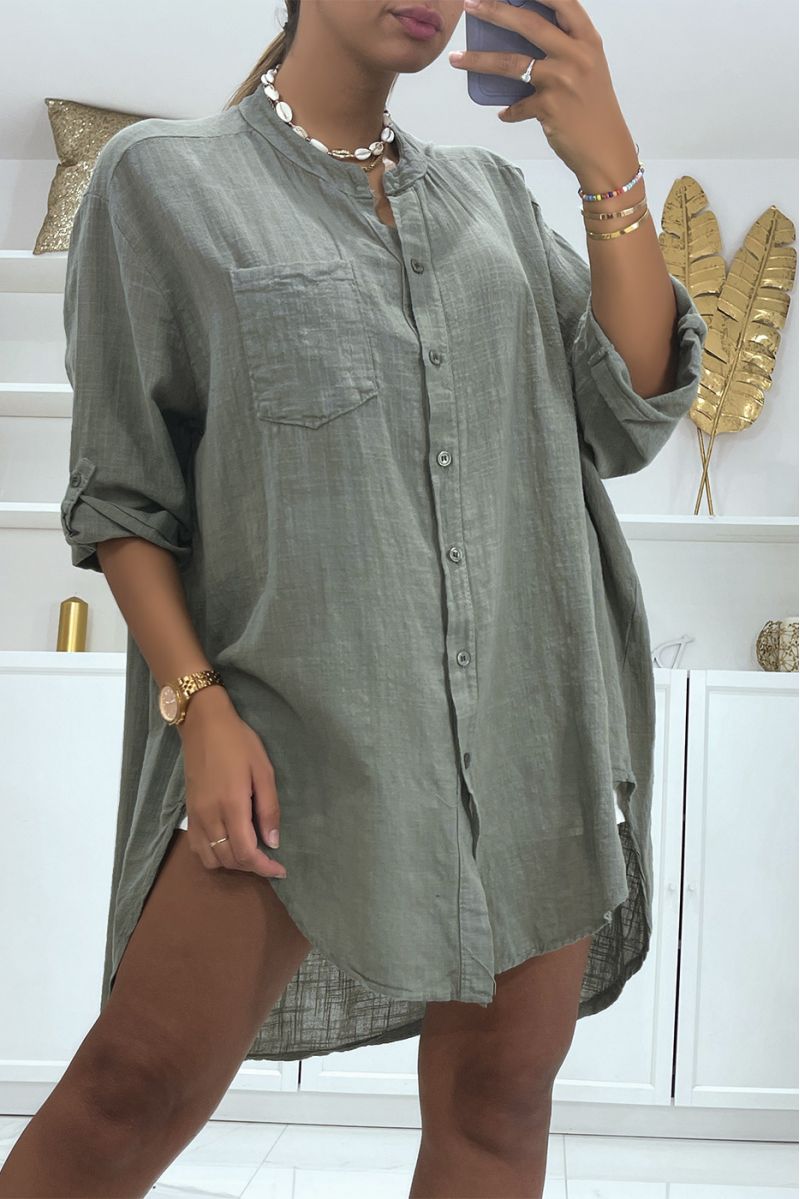 Long khaki asymmetric linen shirt with buttons and lapel collar - 3