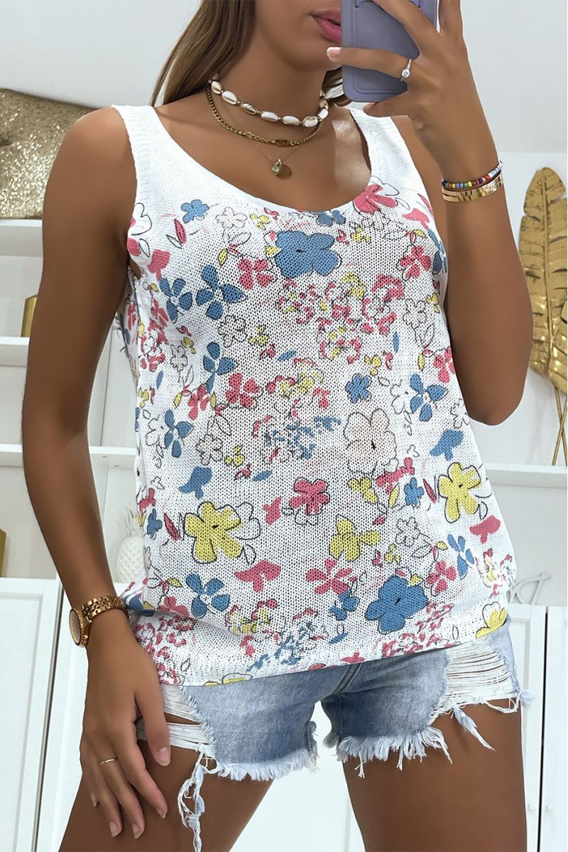 White knit V-neck tank top with yellow, pink and blue flower designs - 3