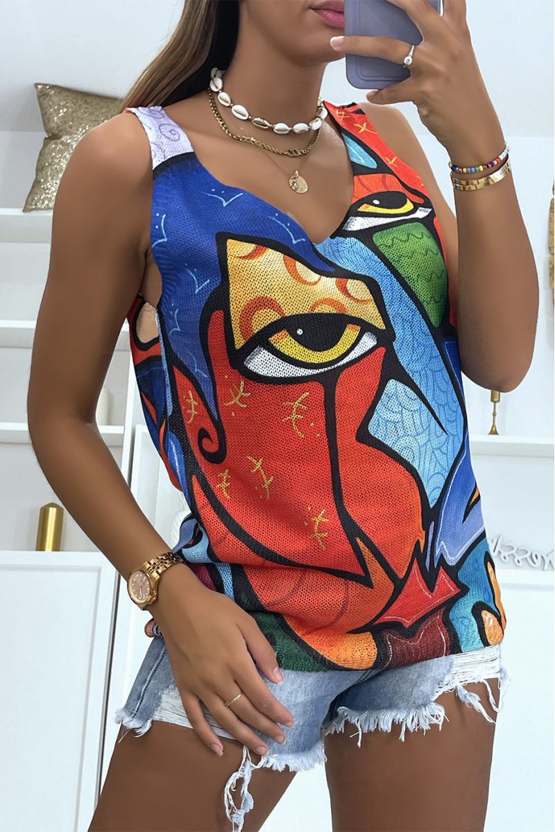 White V-neck knit tank top with a very artistic red and royal painting print - 2
