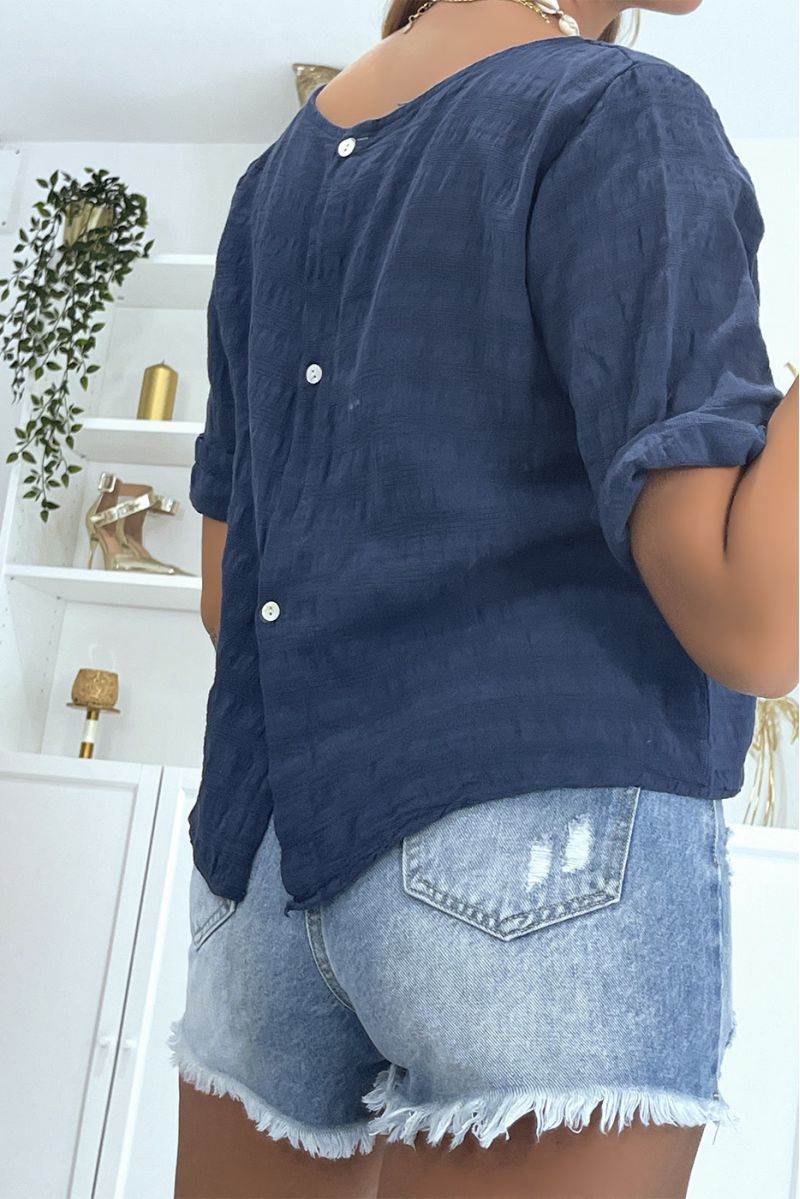 Navy round neck top with buttons on the back and short sleeves in vitamin color - 3