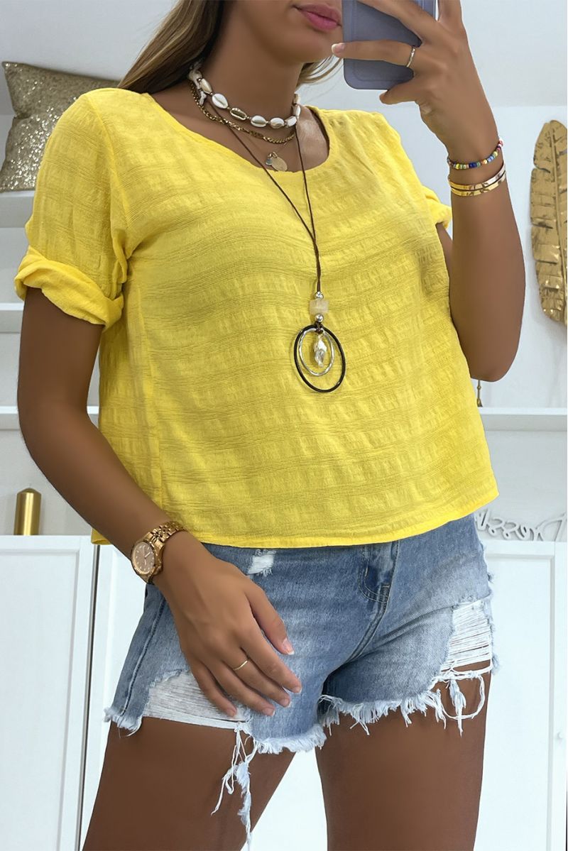 Yellow round neck top with buttons on the back and short sleeves in vitamin color - 1