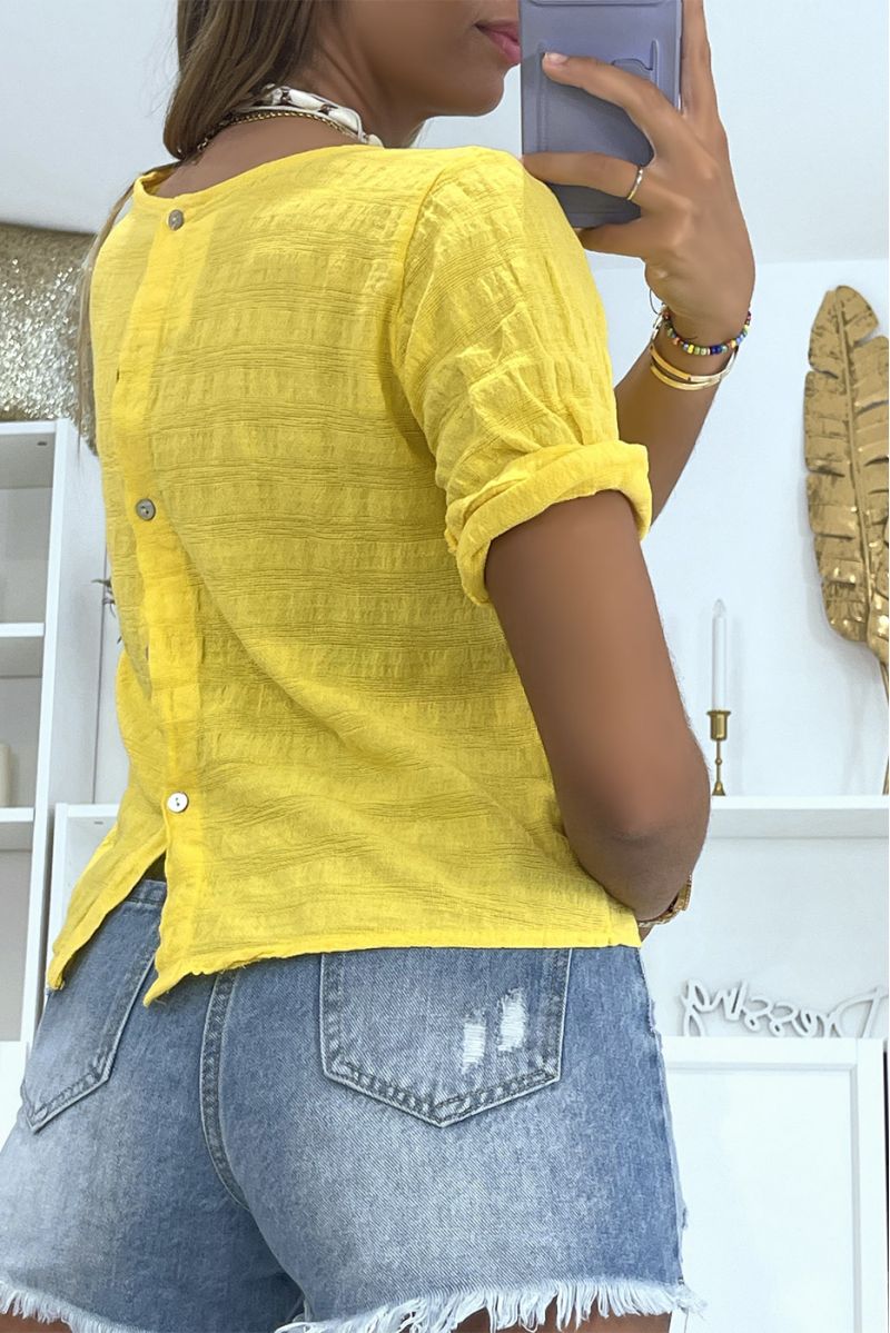 Yellow round neck top with buttons on the back and short sleeves in vitamin color - 3