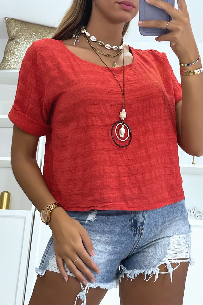 Red round neck top with buttons on the back and short sleeves in vitamin color - 1