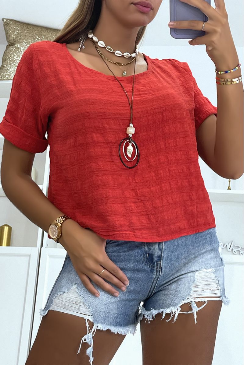 Red round neck top with buttons on the back and short sleeves in vitamin color - 2