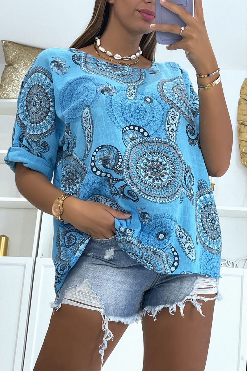 Loose and long turquoise top with rosette print half-length sleeves and round neck - 1