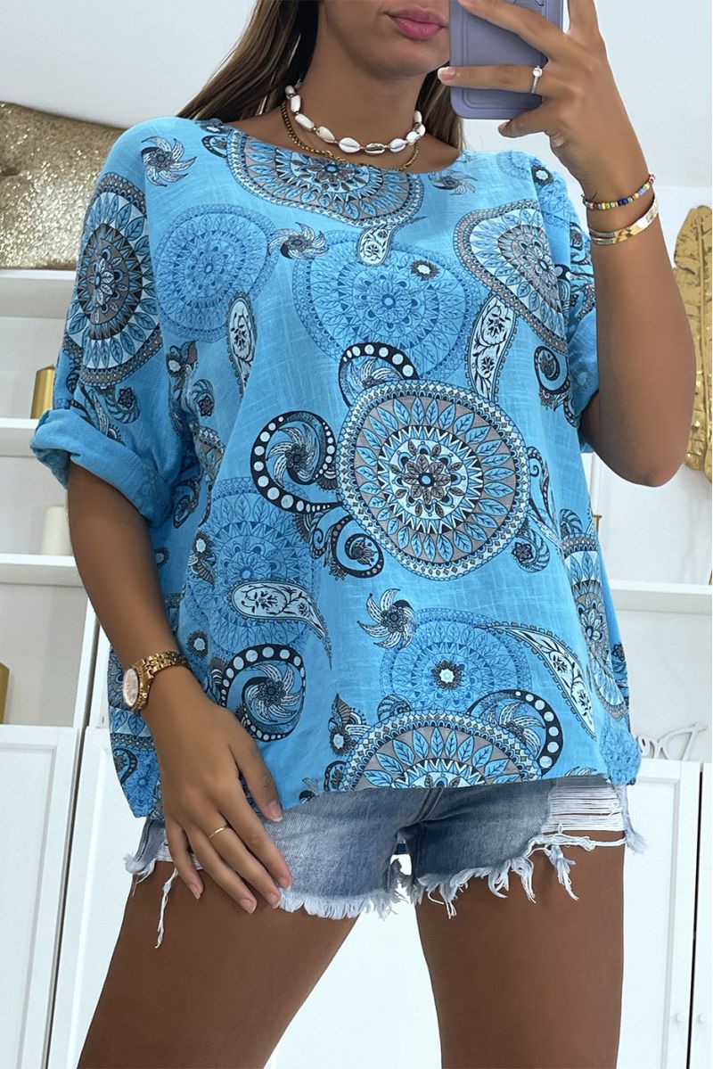 Loose and long turquoise top with rosette print half-length sleeves and round neck - 2