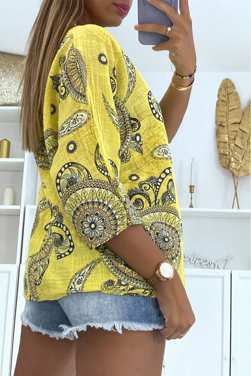 Loose and long yellow top with rosette print half sleeves and round neck - 2
