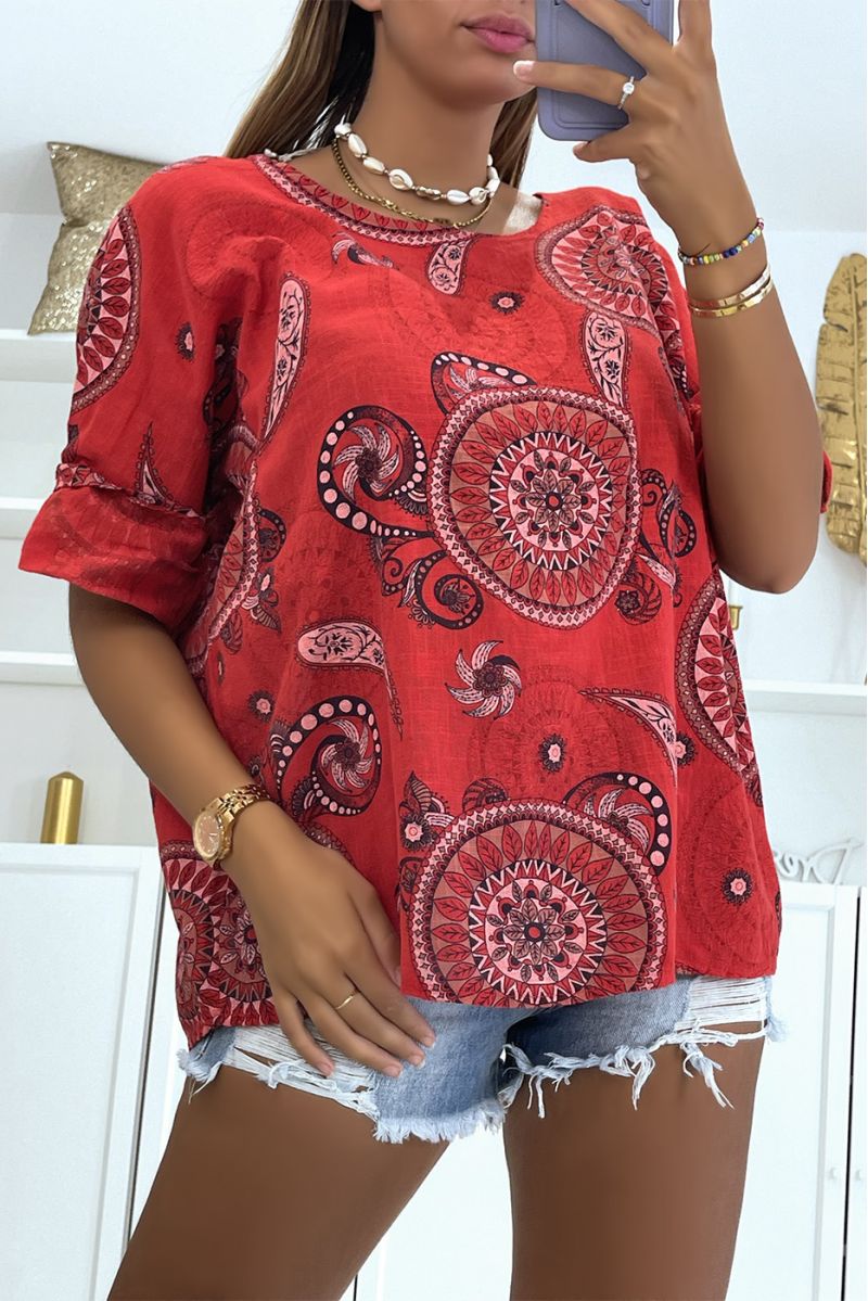 Loose and long red top with rosette print half-length sleeves and round neck - 3