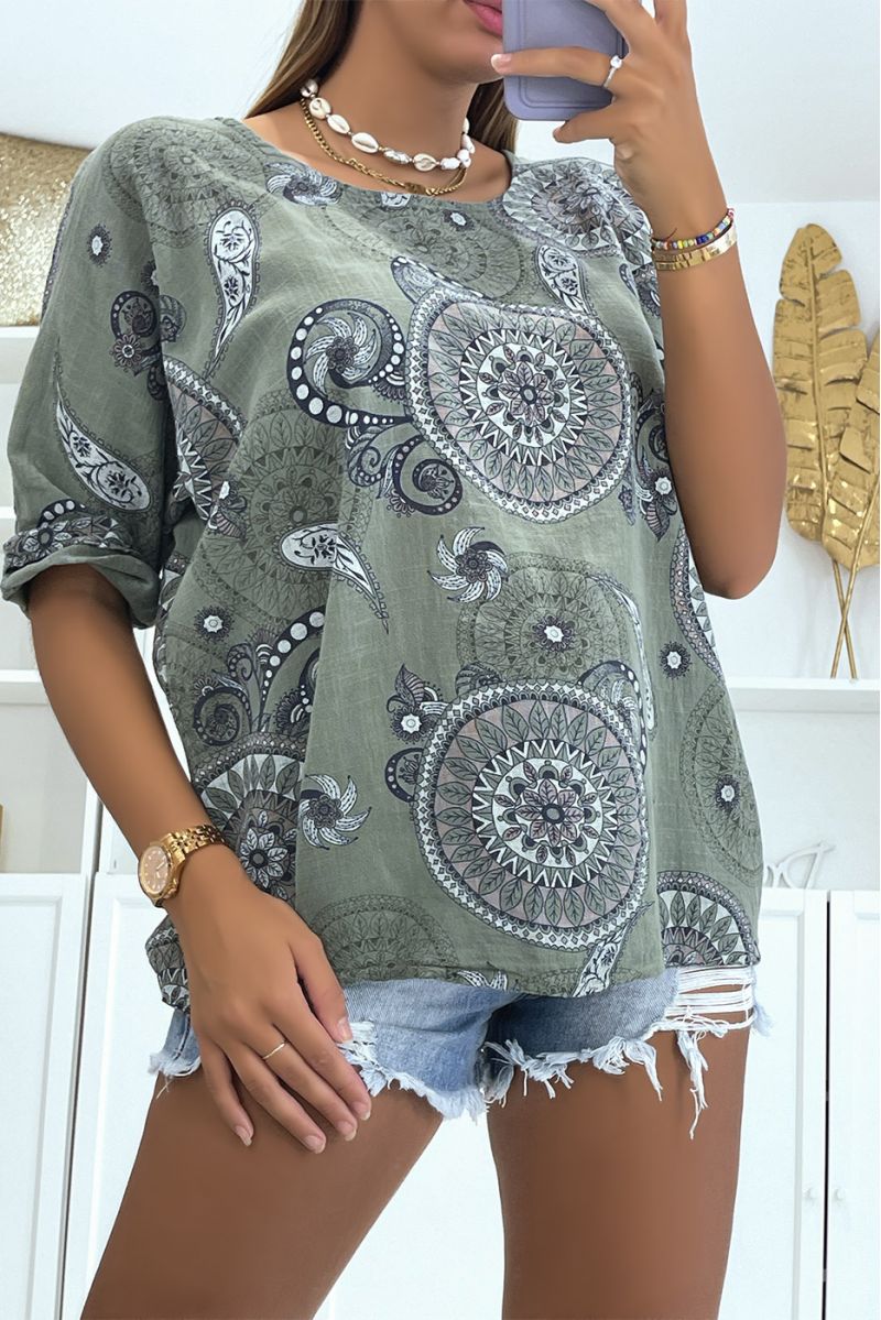 Loose, long khaki top with rosette print, half-length sleeves and round neck - 3