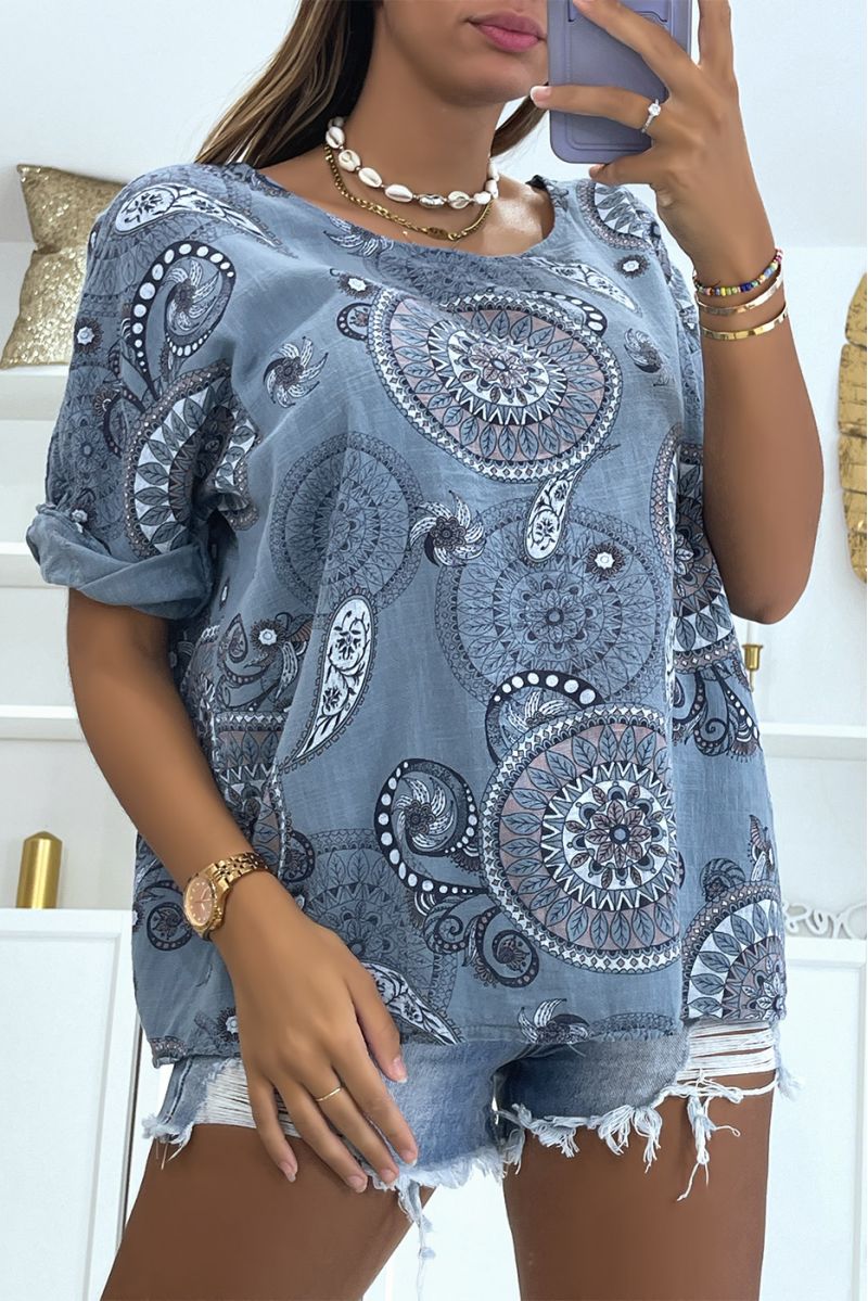 Loose and long indigo top with rosette print half sleeves and round neck - 1