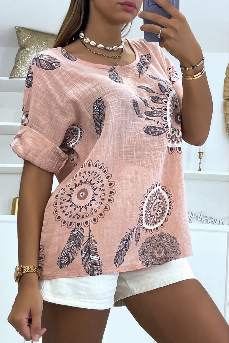LoLWe and long pink top with rosette print and pretty dream catcher style feathers - 2