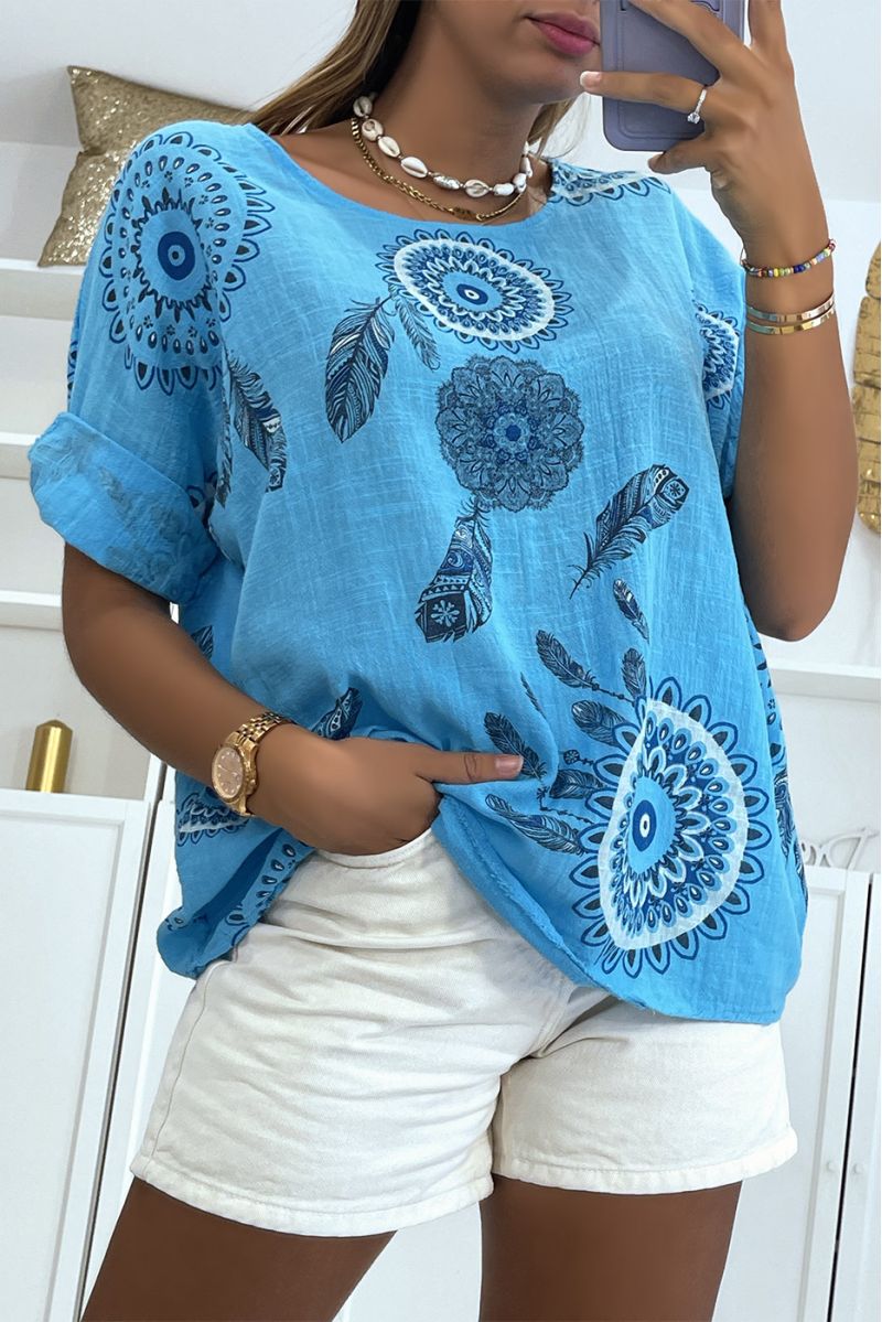 Loose and long turquoise top with rosette print and pretty dream catcher style feathers - 3