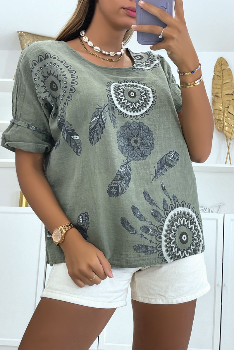 Loose and long khaki top with rosette print and pretty dreamcatcher-style feathers - 1
