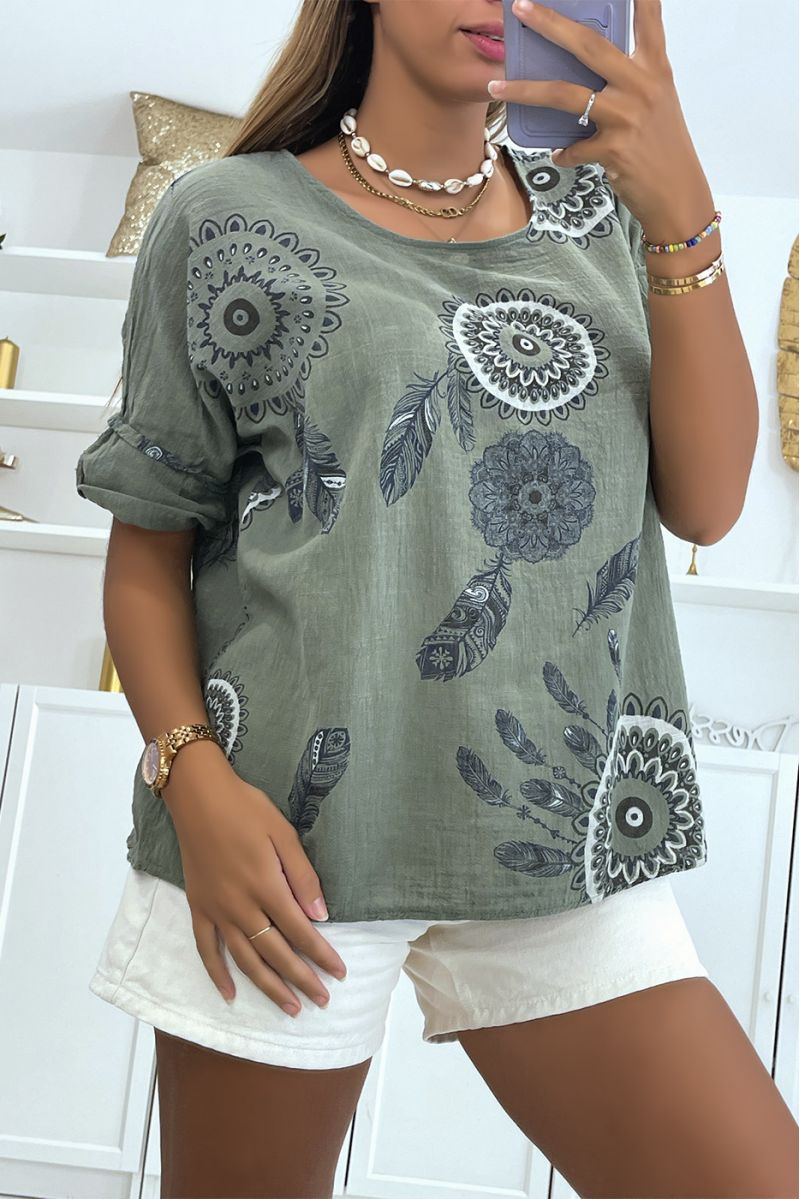Loose and long khaki top with rosette print and pretty dreamcatcher-style feathers - 2