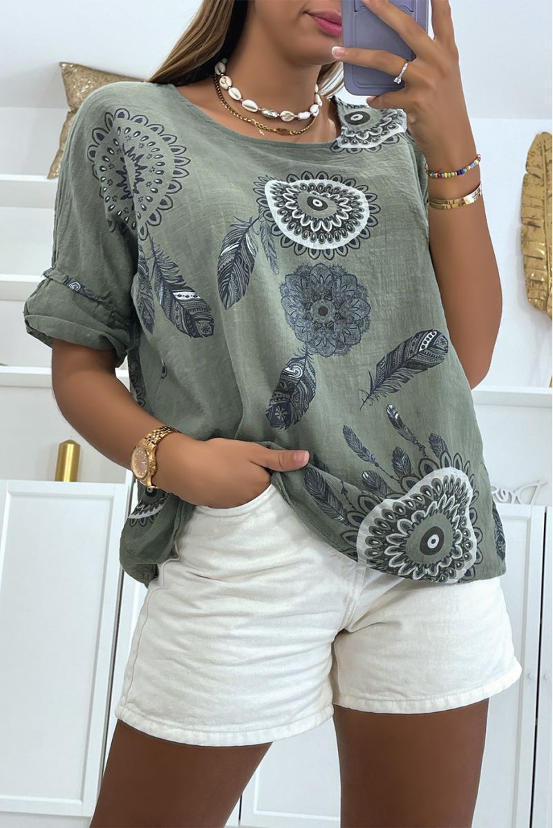 Loose and long khaki top with rosette print and pretty dreamcatcher-style feathers - 3