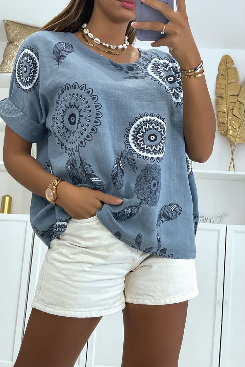 Long, loose-fitting indigo top with a rosette print and pretty dreamcatcher-style feathers - 1