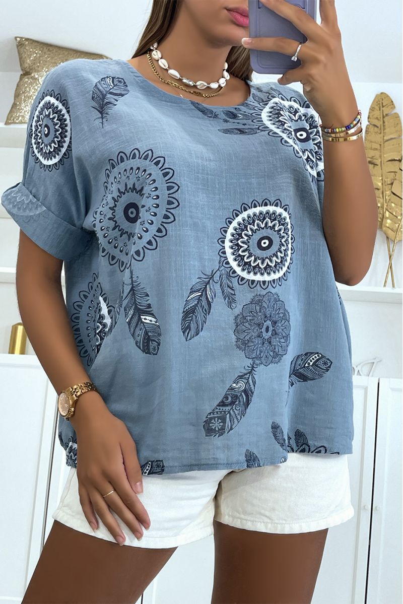 Long, loose-fitting indigo top with a rosette print and pretty dreamcatcher-style feathers - 3