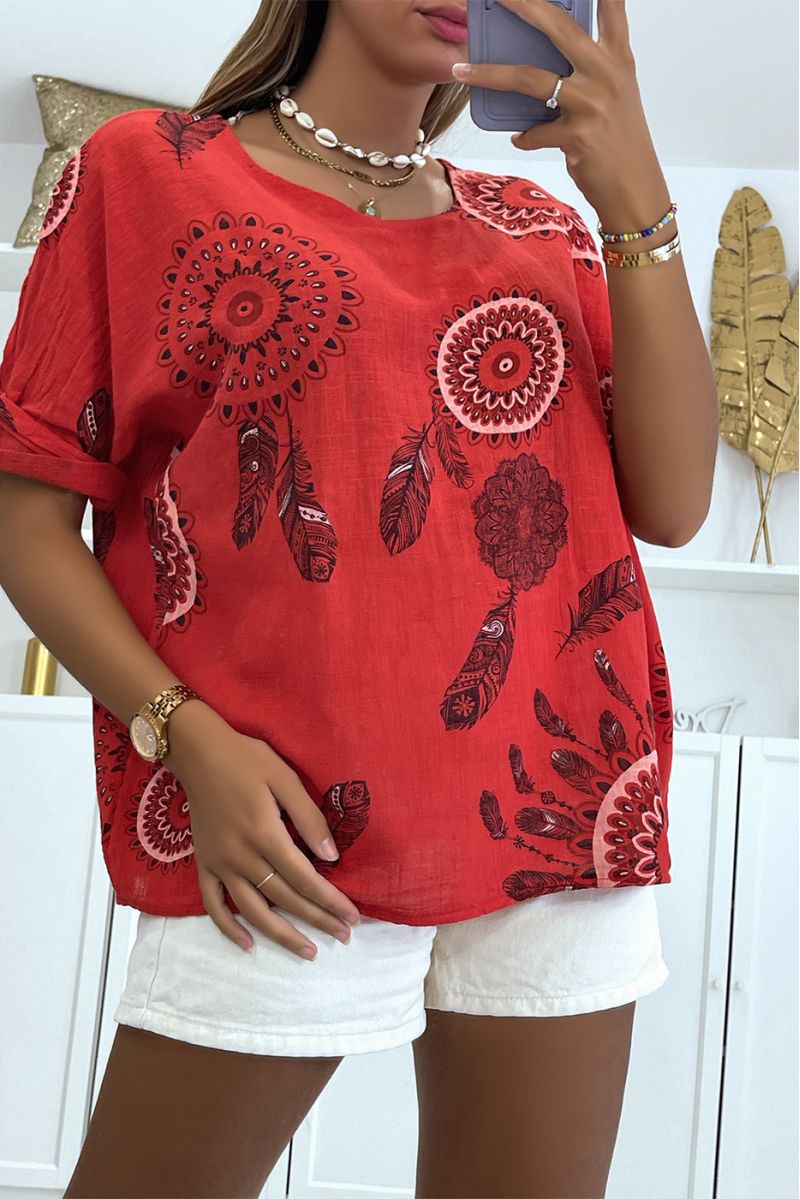 Loose and long red top with rosette print and pretty dream catcher style feathers - 1