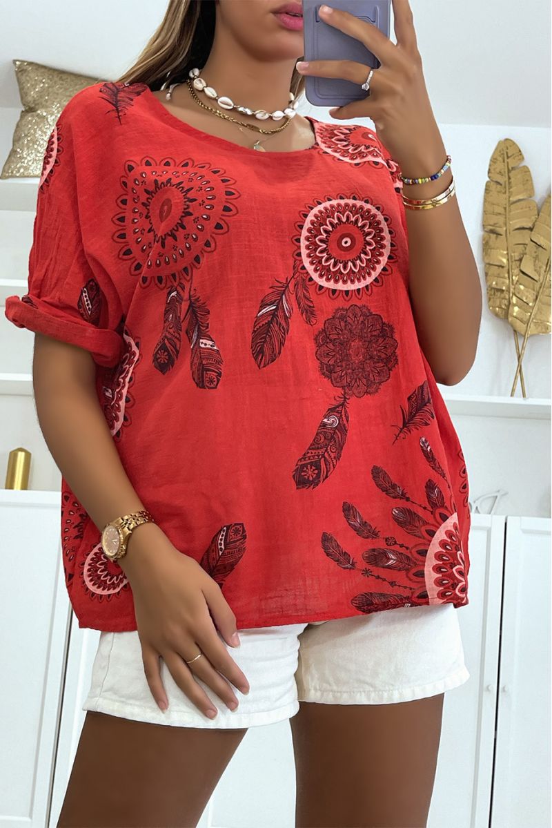 Loose and long red top with rosette print and pretty dream catcher style feathers - 2