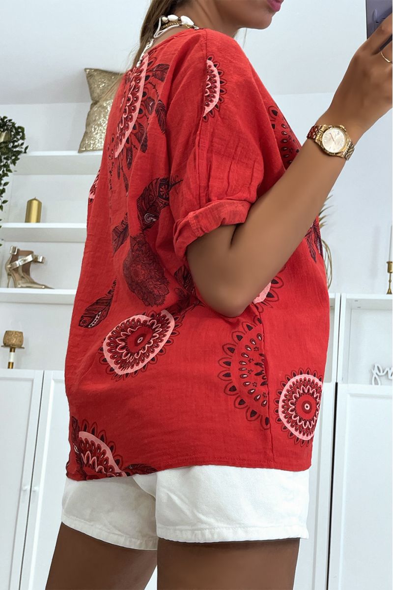 Loose and long red top with rosette print and pretty dream catcher style feathers - 4