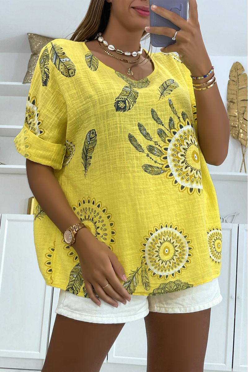 Loose and long yellow top with rosette print and pretty dream catcher style feathers - 1