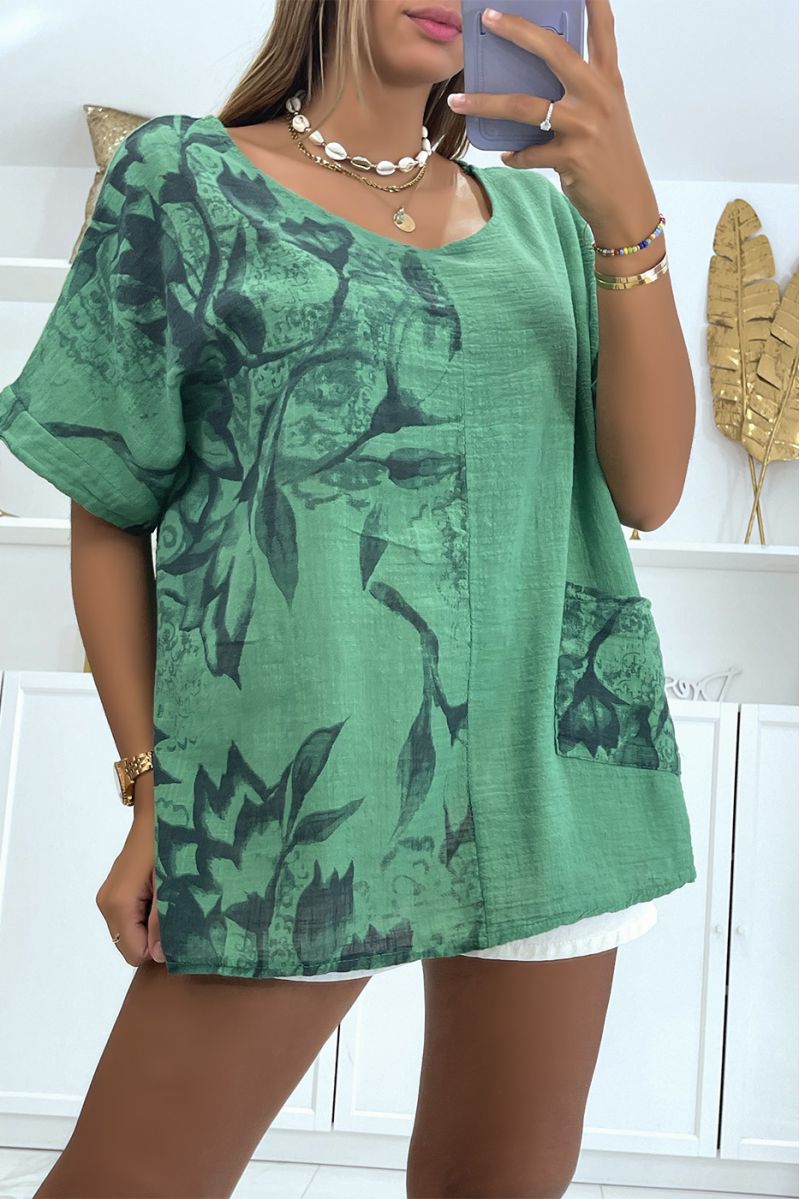 Groene oversized top met rokerige bloemenprint met ronde hals en halflange mouwen - 1