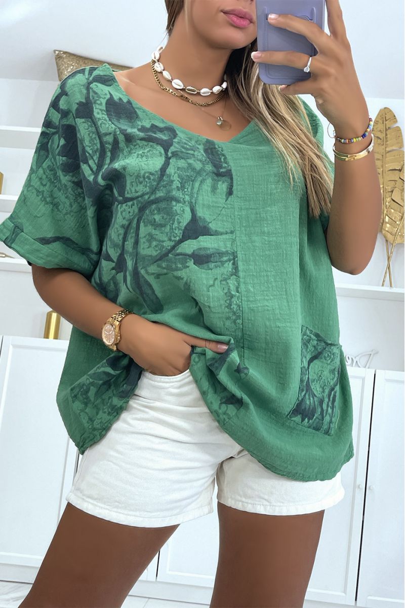 Groene oversized top met rokerige bloemenprint met ronde hals en halflange mouwen - 2