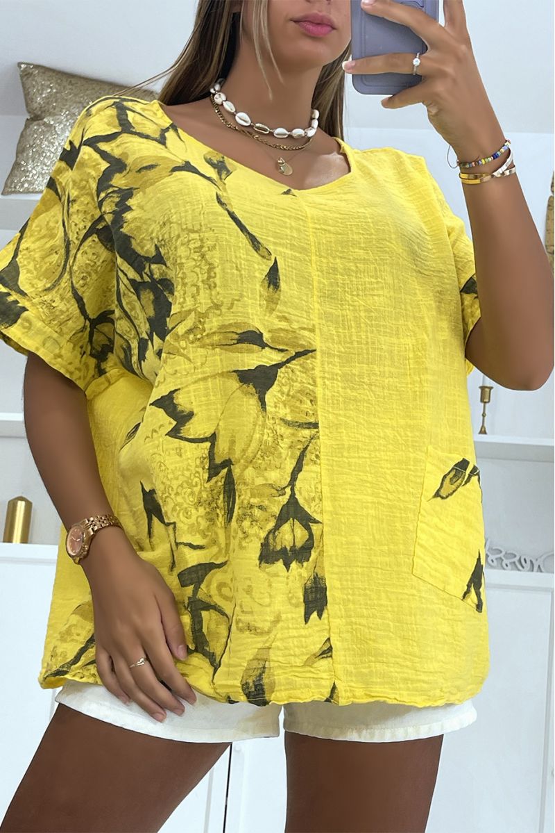 Yellow oversized top with floral smoky effect print with round neck and half-length sleeves - 1