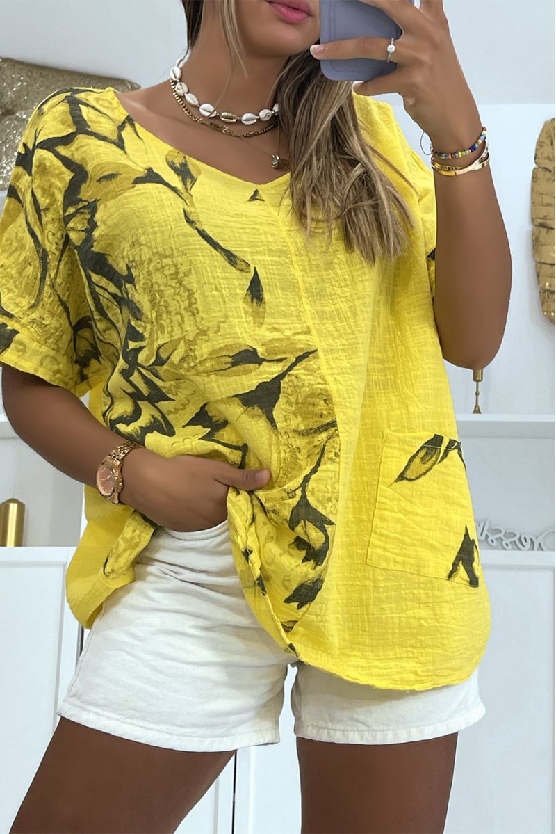 Yellow oversized top with floral smoky effect print with round neck and half-length sleeves - 2