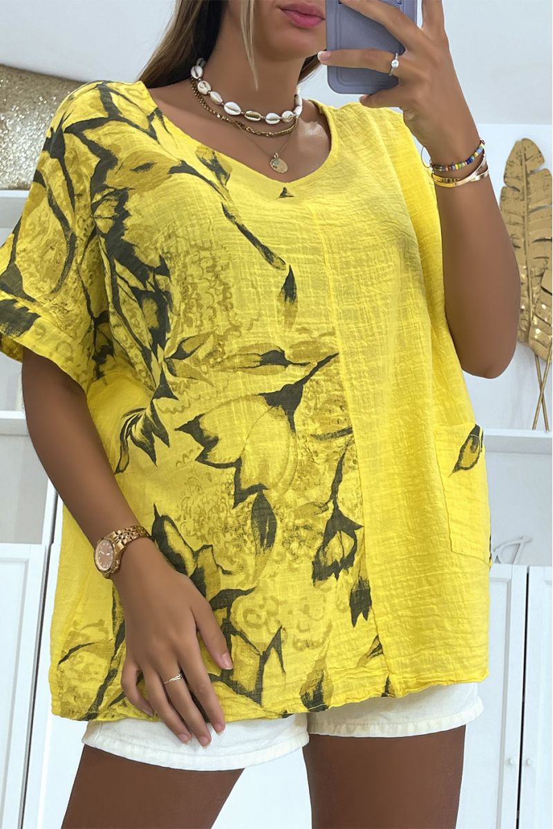 Yellow oversized top with floral smoky effect print with round neck and half-length sleeves - 3