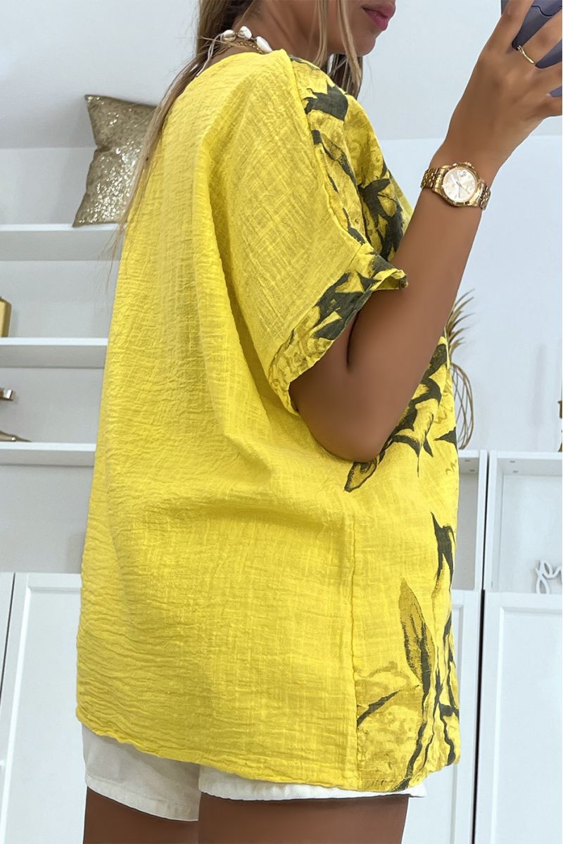 Yellow oversized top with floral smoky effect print with round neck and half-length sleeves - 4