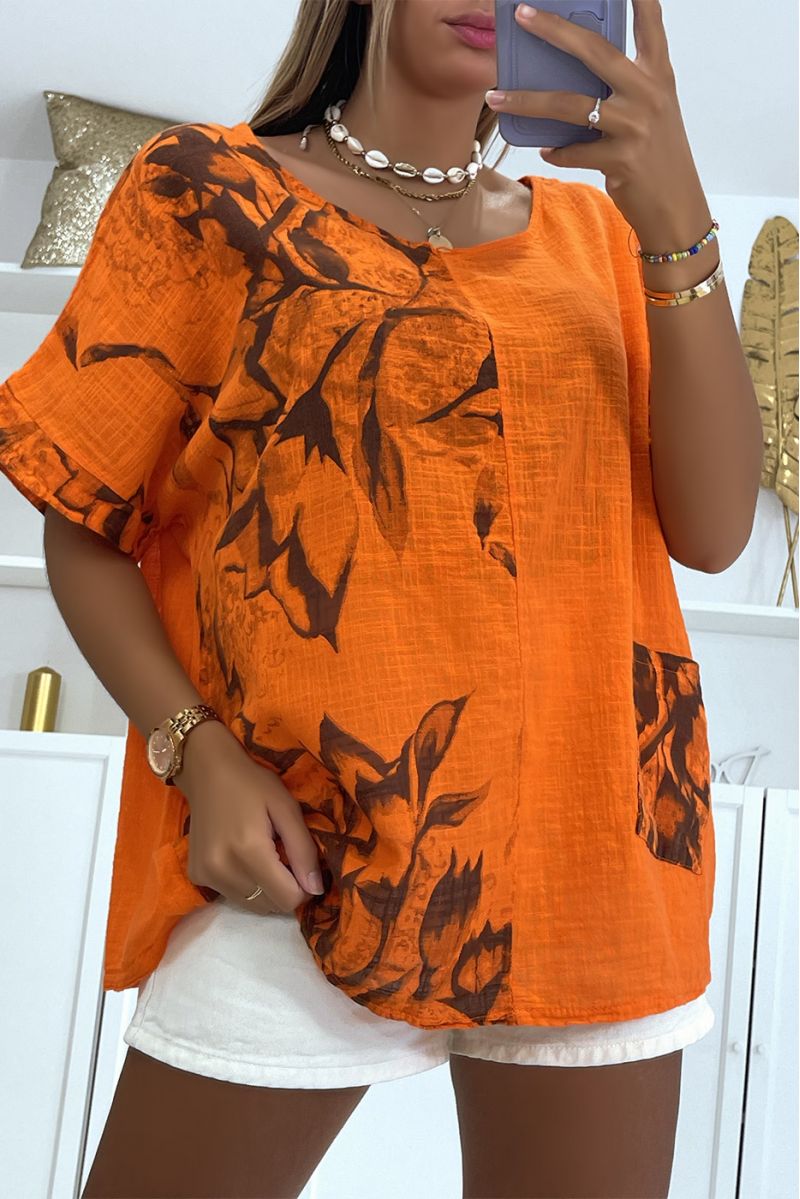 Top oversize orange à imprimé effet fumé floral à col rond et manches mi-longues - 1