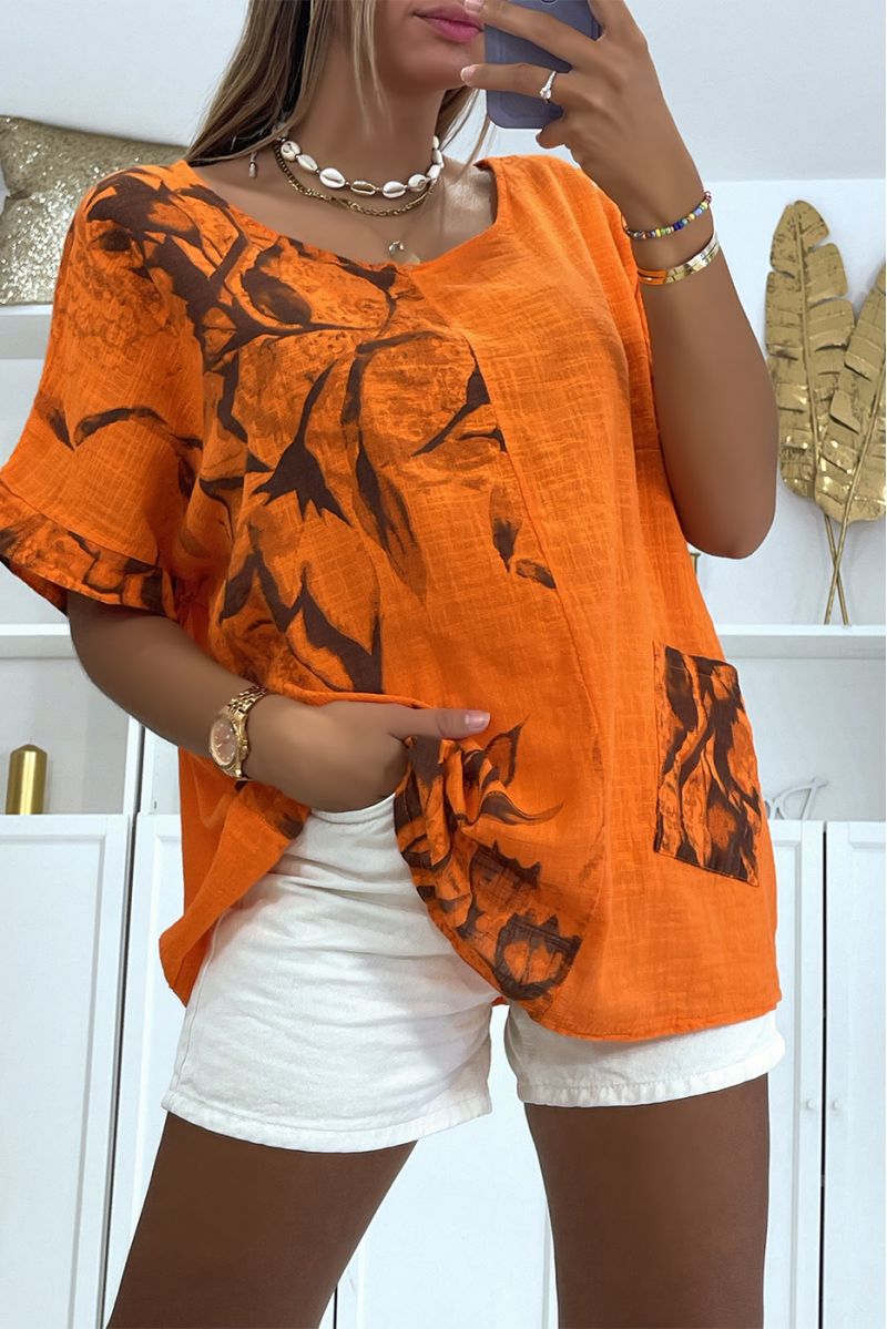 Top oversize orange à imprimé effet fumé floral à col rond et manches mi-longues - 2