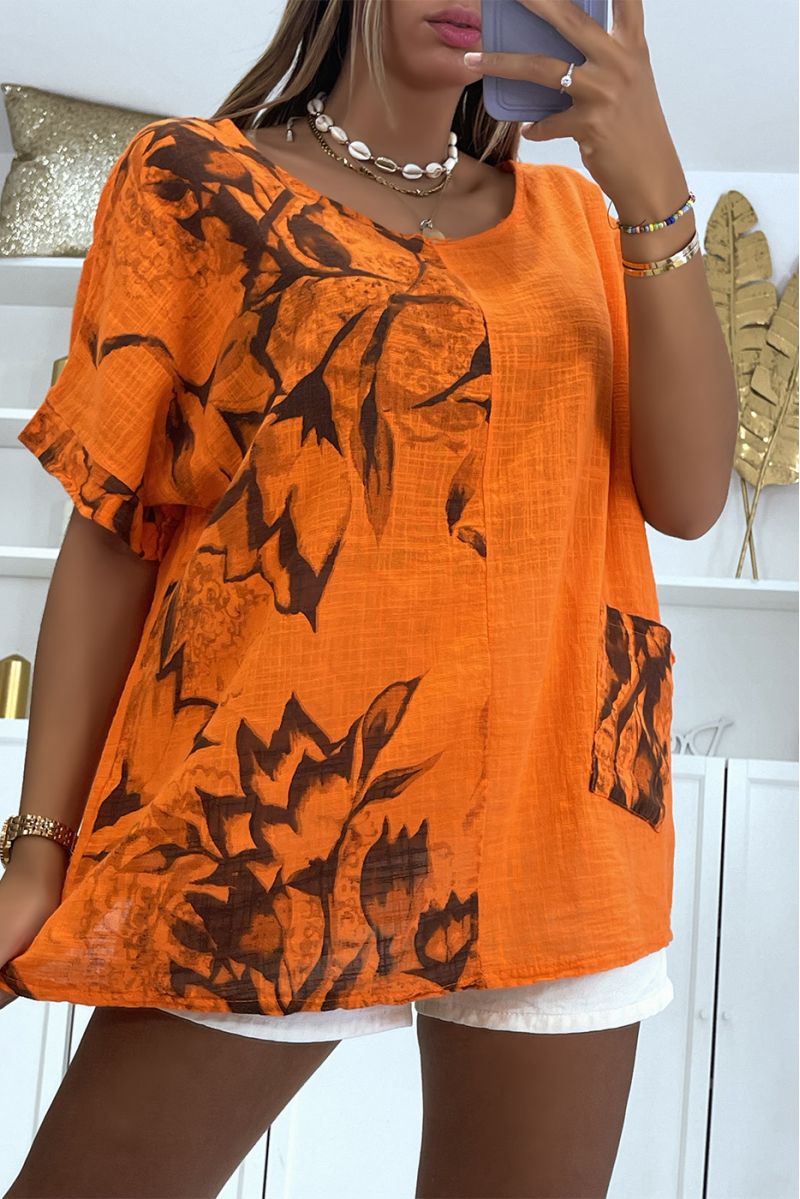 Top oversize orange à imprimé effet fumé floral à col rond et manches mi-longues - 3