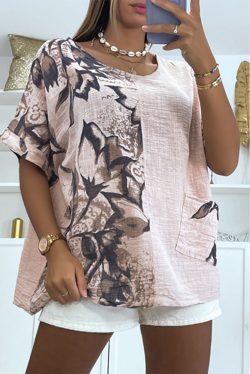 Pink oversized top with floral smoky effect print with round neck and half-length sleeves - 1