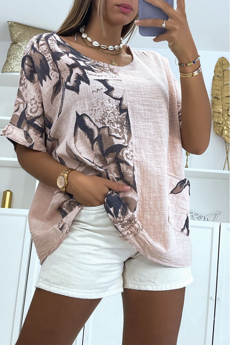 Pink oversized top with floral smoky effect print with round neck and half-length sleeves - 2
